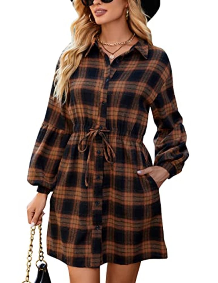 Blooming Jelly Plaid Dress Flannel Puff Sleeve Button Down Shirt Dress 