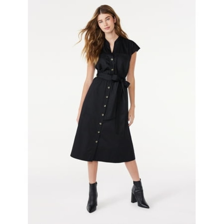 Women's Belted Utility Midi Shirtdress with Short Sleeves