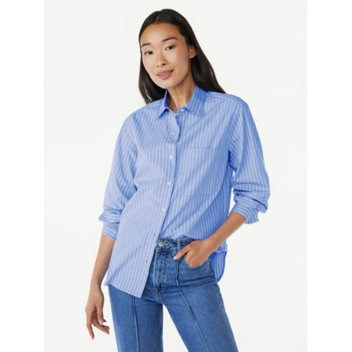 Women's Button-Down Boxy Tunic Shirt with Long Sleeves