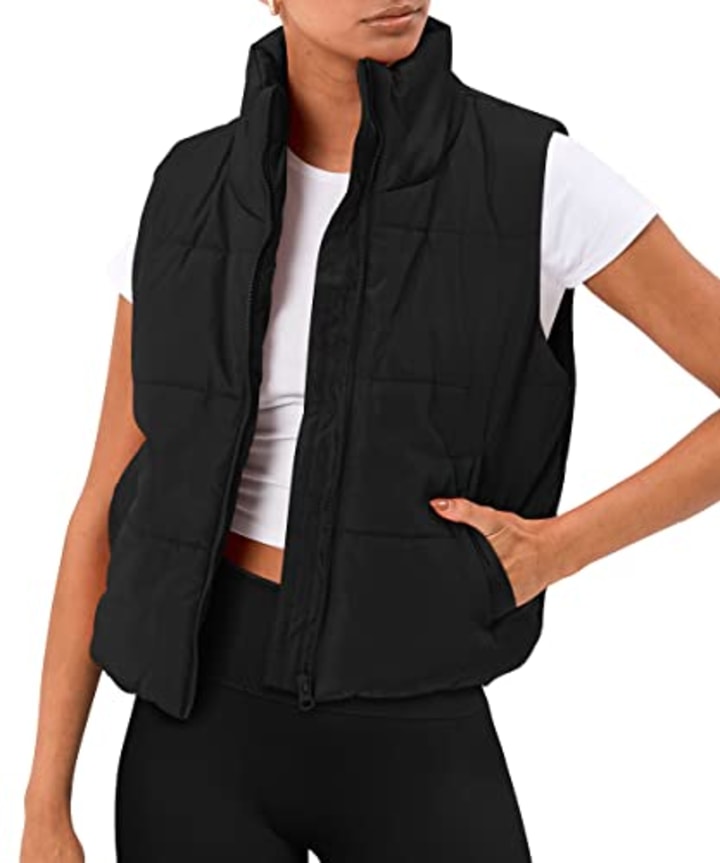 Black Cropped Hooded Puffer Vest Short Jacket Zipper Vest puffy stand up  collar