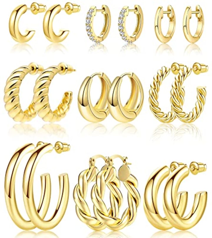 Gold Hoop Earrings Set (Set of 9)