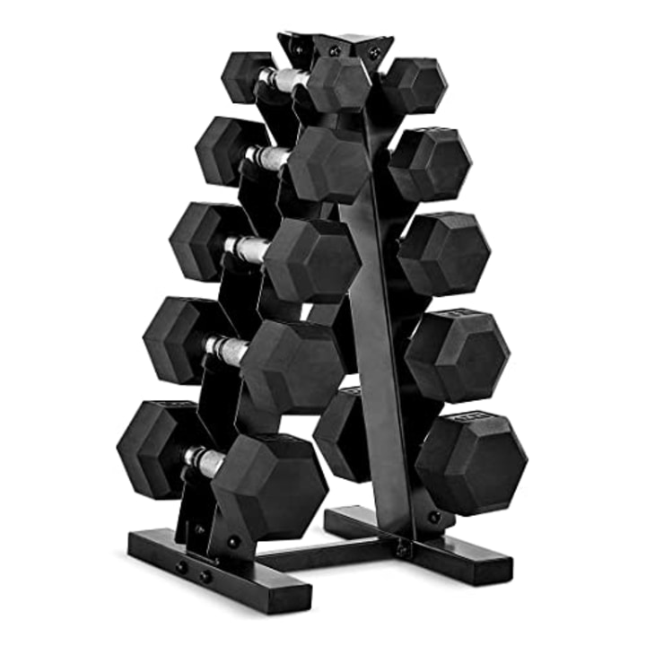 CAP Barbell 150 LB Coated Hex Dumbbell Set with Rack