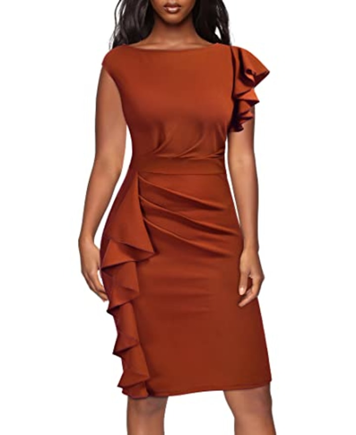 Pinup Vintage Ruffle Sleeves Cocktail Party Pencil Dress