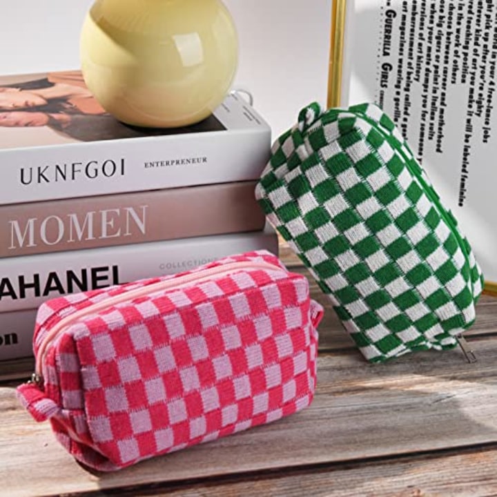 SOIDRAM 2 Pieces Makeup Bag Pouch Checkered Cosmetic Bag Pink Green, Travel Toiletry