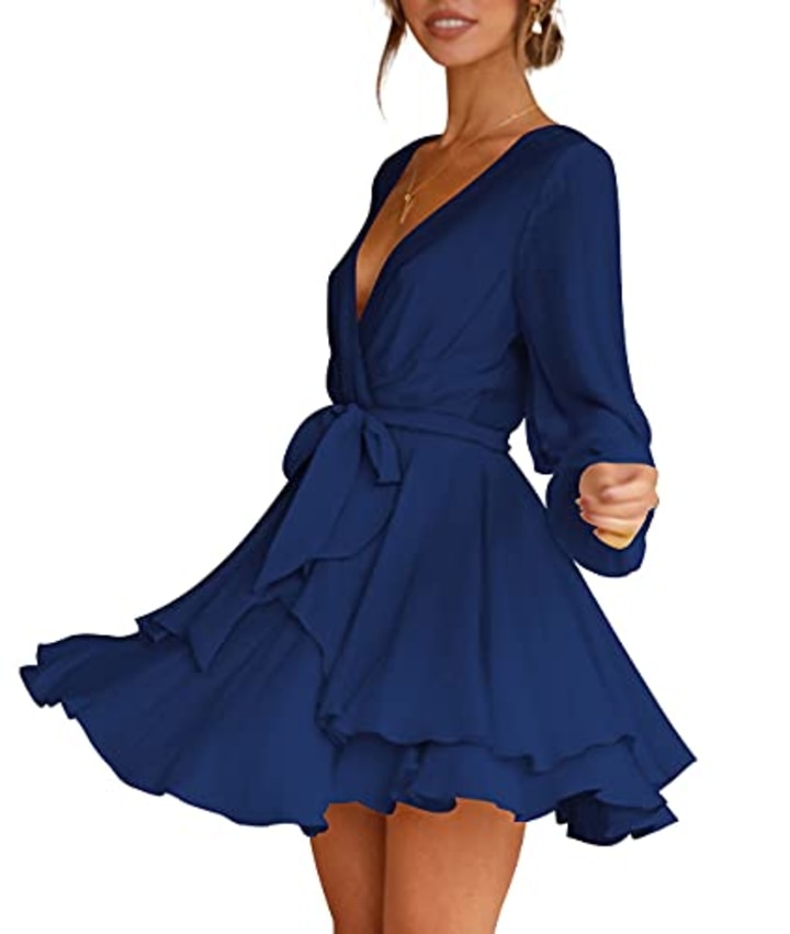 Deep V-Neck Long Sleeve Tie Waist Mini Dresses Navy Blue