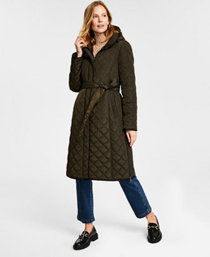 DKNY Hooded Belted Quilted Coat