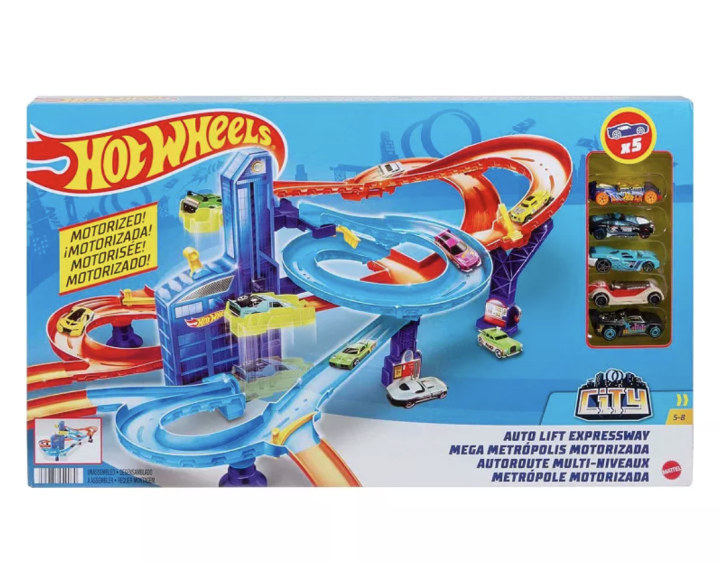 Mattel Hot Wheels Auto Lift Expressway Track and Toy Cars Playset