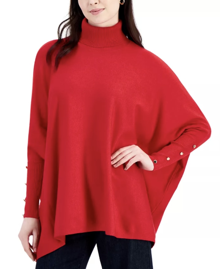 JM Collection Solid-Color Poncho Turtleneck Sweater