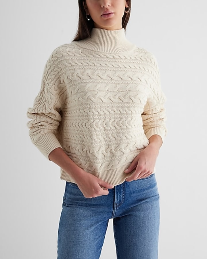 Reversible Cable Knit Mock Neck Crossover Sweater