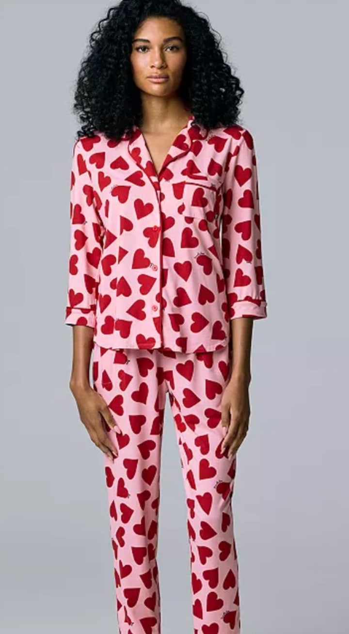 Cute Heart Pattern Comfortable Pajamas Set, Red Satin Button Up Long Sleeve  Blouse Pajama Top & Elastic Waistband Pajama Pants, Women's Loungewear & S