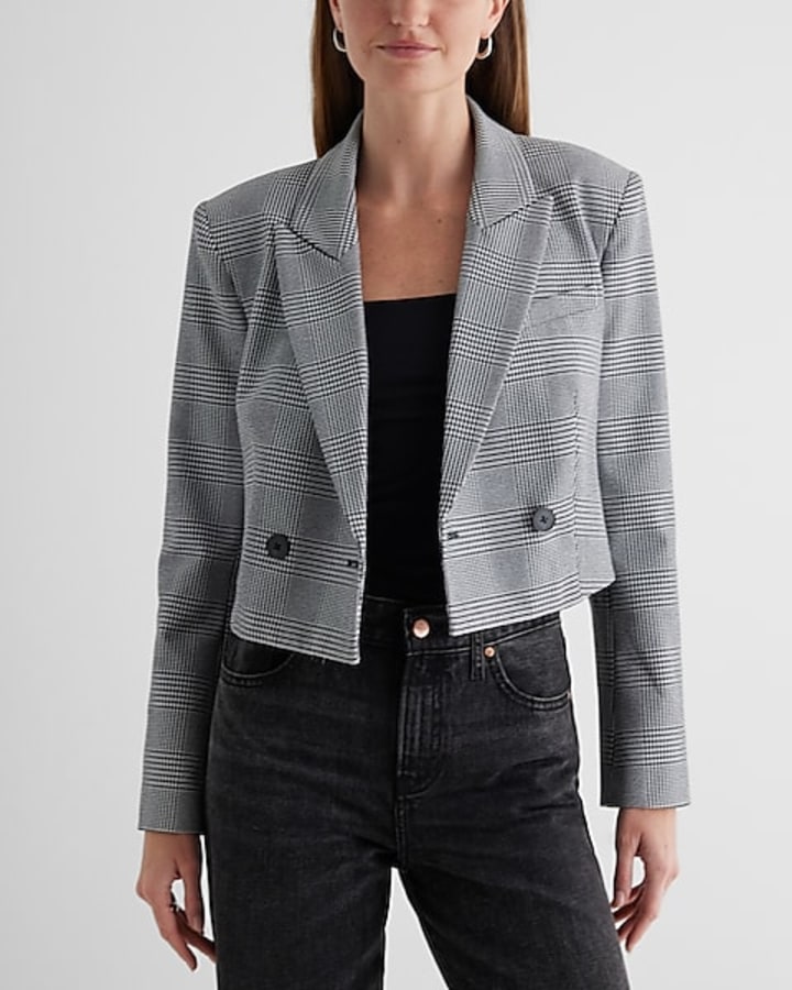 Express Plaid Double Breasted Cropped Blazer