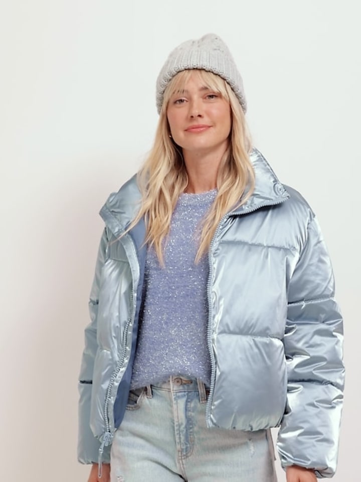 Water-Resistant Shiny Puffer Jacket for Women