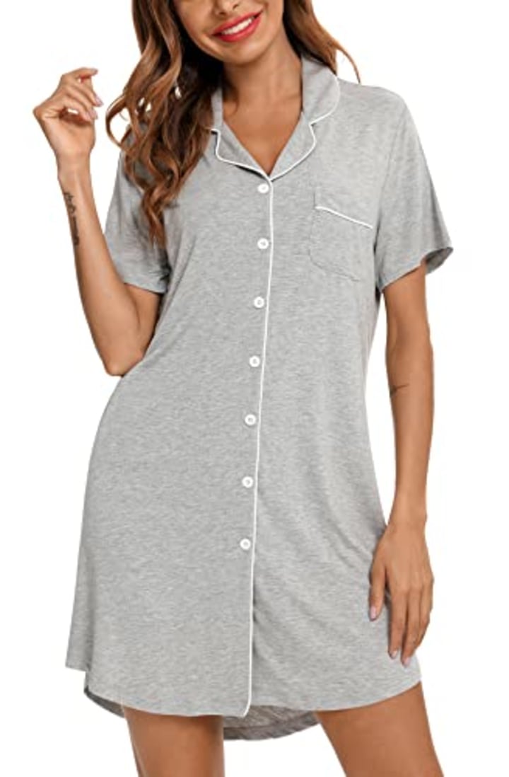 Samring Women's Nightshirt Short Sleeve Button Down Nightgown