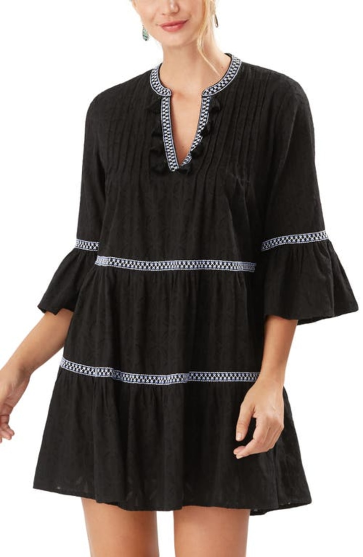 Embroidered Tiered Cotton Cover-Up Dress