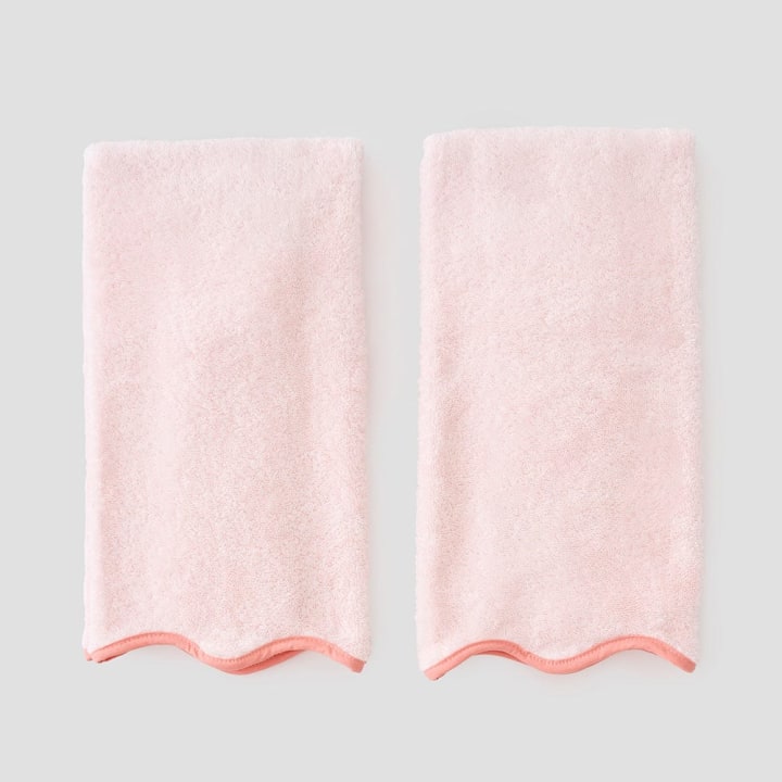 Scallop Bath Hand Towels in Coral on Ballet Pink