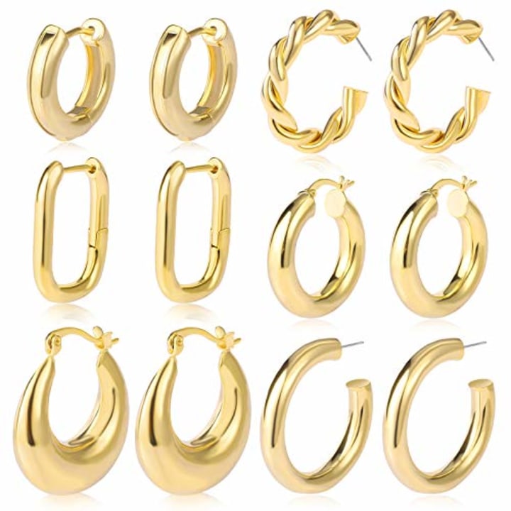 Chunky Gold Hoop Earrings Set (Set of 6)
