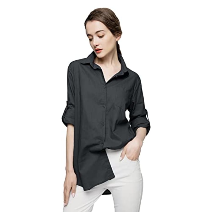 Minibee Women's Linen Blouse High Low Shirt Roll-Up Sleeve Tops Blue M at   Women's Clothing store
