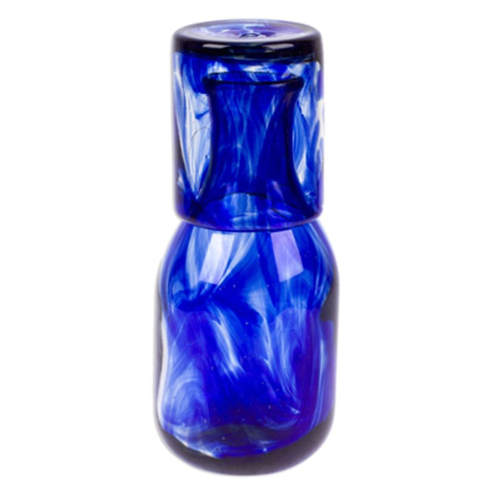 Cobalt Handblown Recycled Glass Carafe and Cup Set (Pair), 'Cobalt Allure'