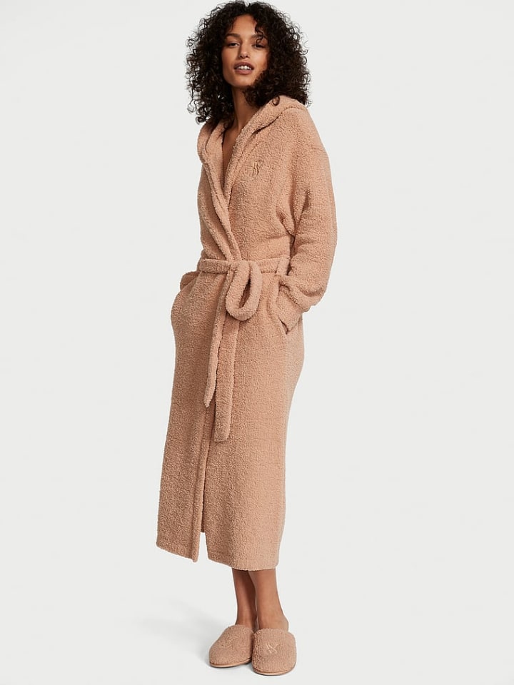  Womens Fuzzy Robe Mid Length Bathrobe Belted Soft