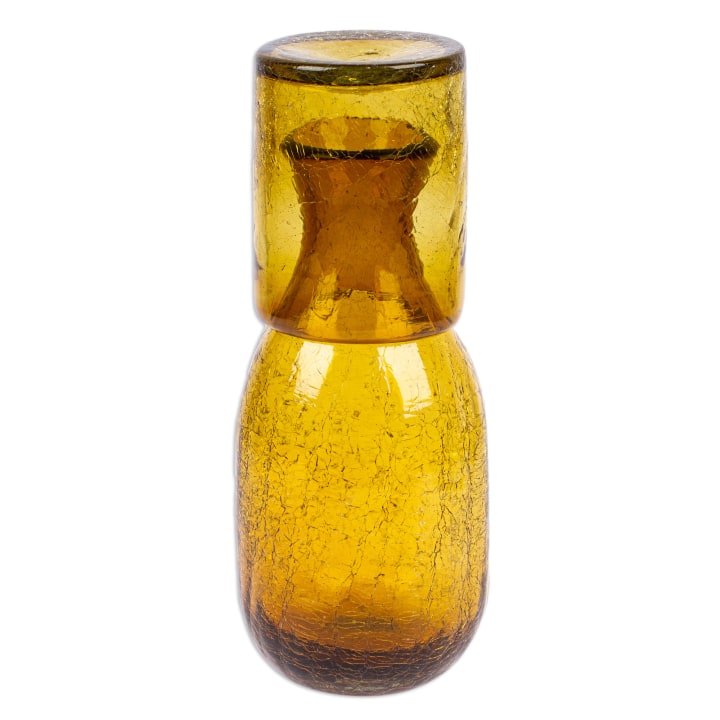 Amber Handblown Recycled Glass Carafe and Cup Set (Pair), 'Textured Amber'