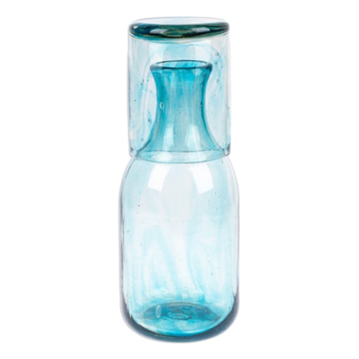 Aqua Handblown Recycled Glass Carafe and Cup Set (Pair), 'Delicate Aqua'