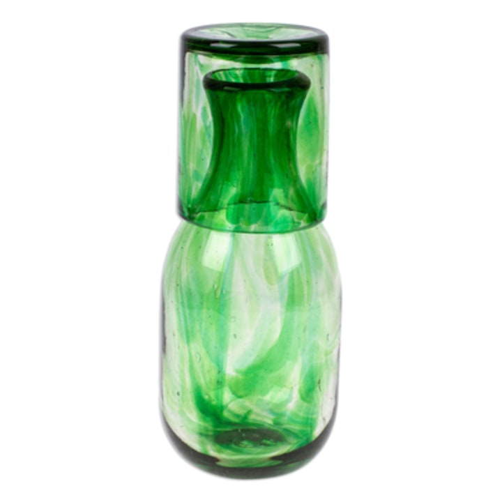 Green Handblown Recycled Glass Carafe and Cup Set (Pair), 'Delicate Green'