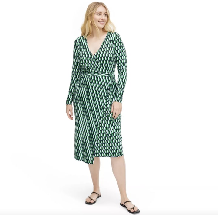 Long Sleeve Midi Arrow Geo Green Wrap Dress