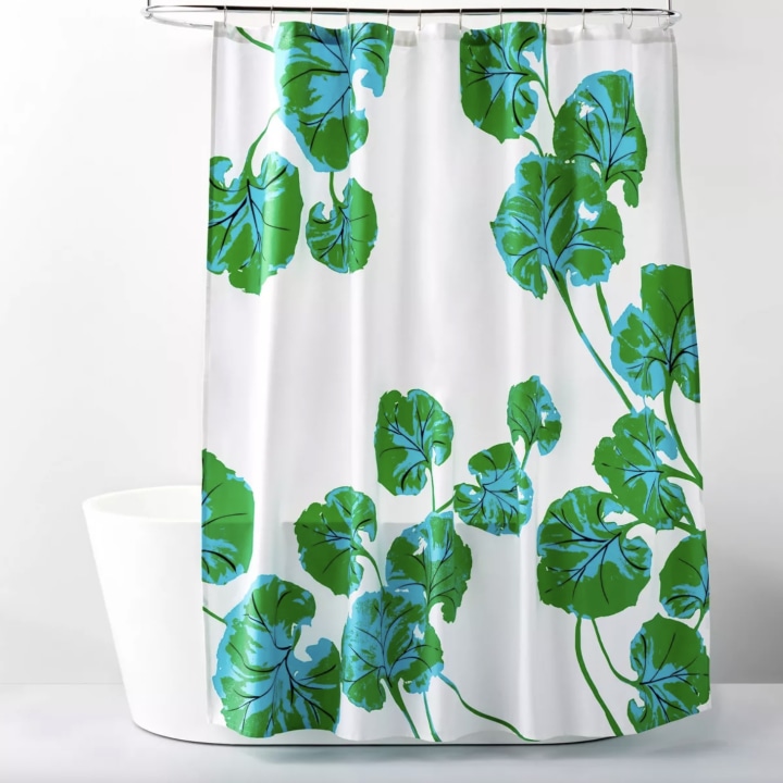 Geranium Leaf Green Shower Curtain Blue