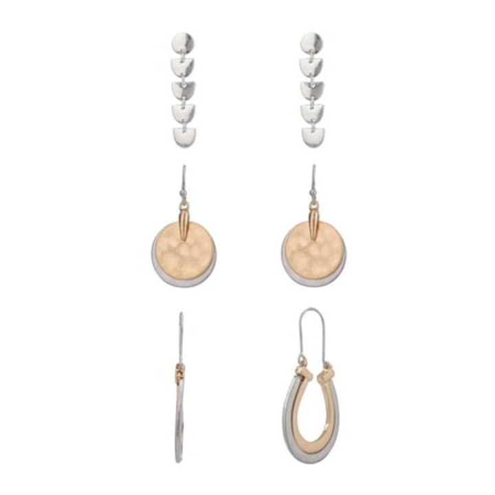 Two-tone Hoop and Drop Trio Earring Set