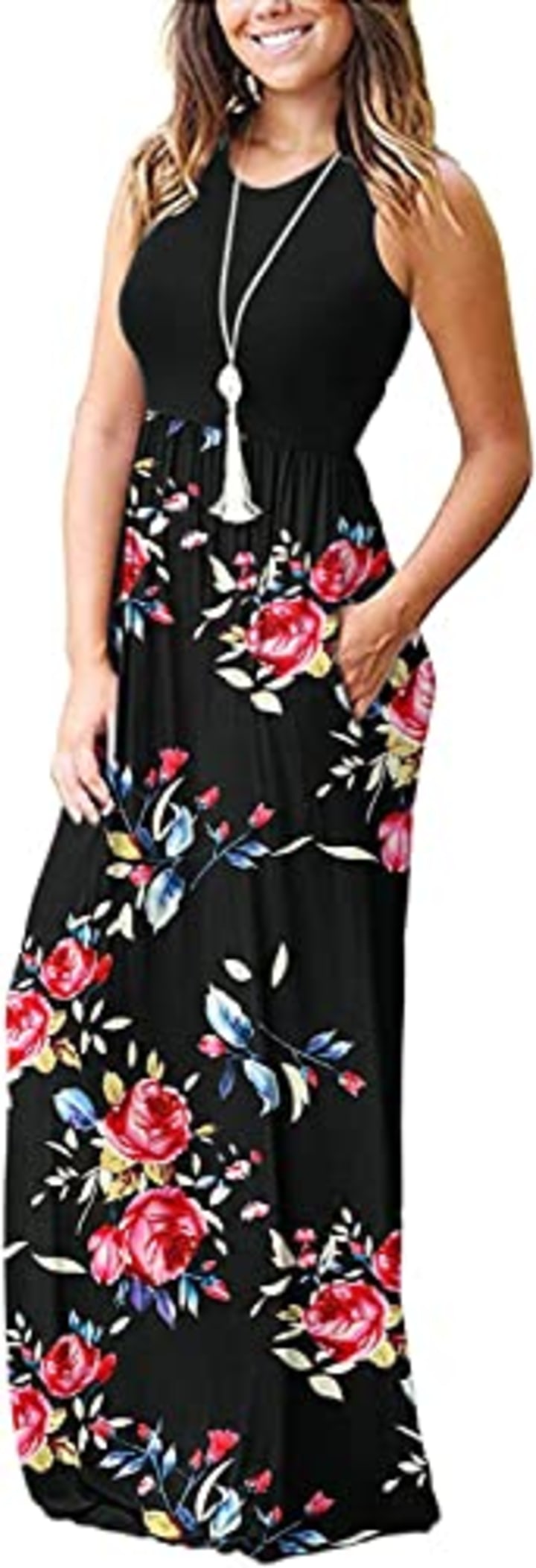 Summer Sleeveless Loose Maxi Print Floral Pleated Dress 