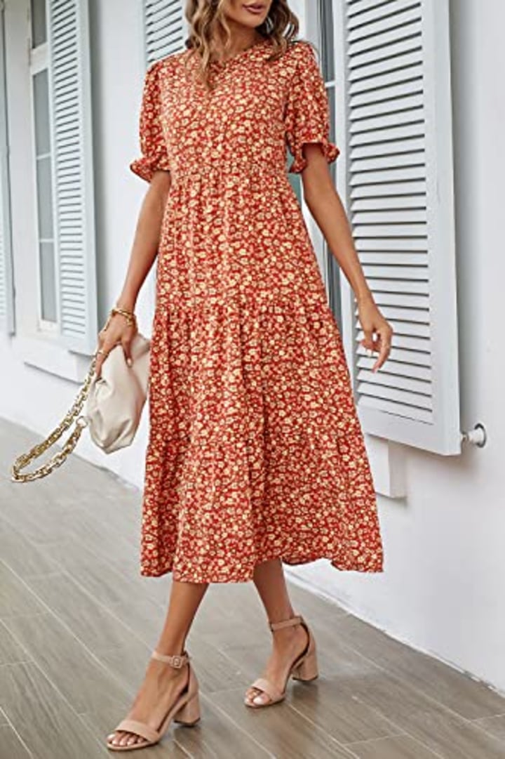 Summer Boho Floral Print Ruffle Puff Sleeve High Waist Midi Beach Dress