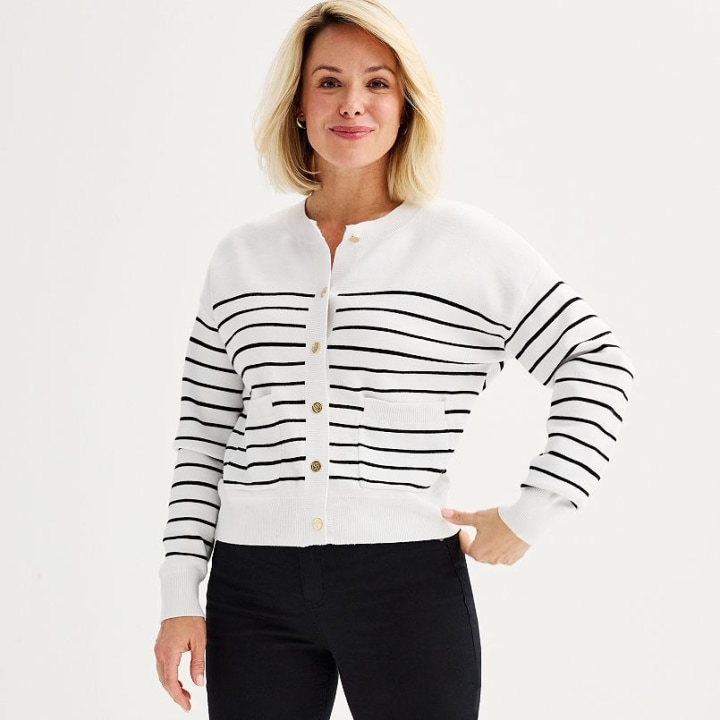 Pocketed Button Front Striped Cardigan