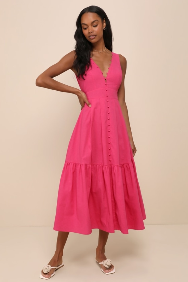 Blissful Afternoon Hot Pink Linen Tie-Back Midi Dress