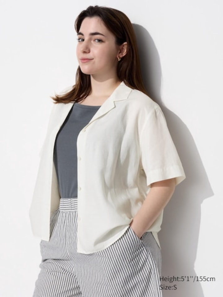 Linen Blend Open Collar Short-Sleeve Shirt