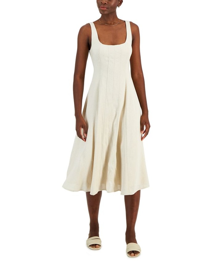 Women's Linen-Blend Seamed Midi Dress