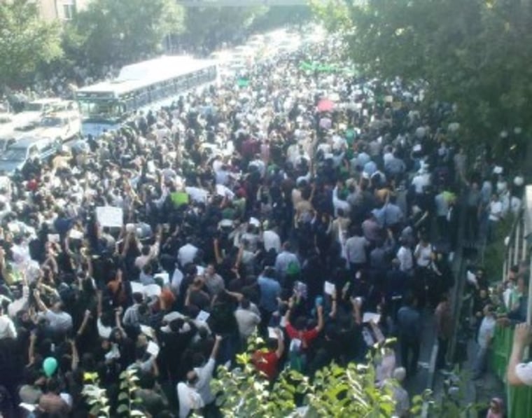 A photograph posted on TwitPic on Wednesday, apparently showing a demonstration in Tehran’s Haft-e Tir Square.