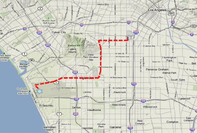 Image: Map of route theEndeavour will take from LAX (lower left) to the California Science Center on Oct. 12-13, 2012.