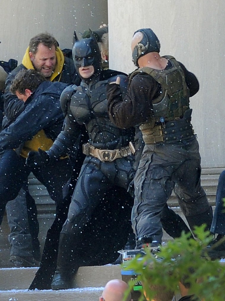 Batman fights Bane on front steps of Gotham City Hall in Pittsburgh, PA