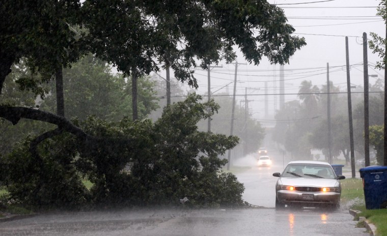 Image: A car makes its way around a broken tree in San Antonio, Texas as Tropical Storm Hermine brings rains and winds to the area,