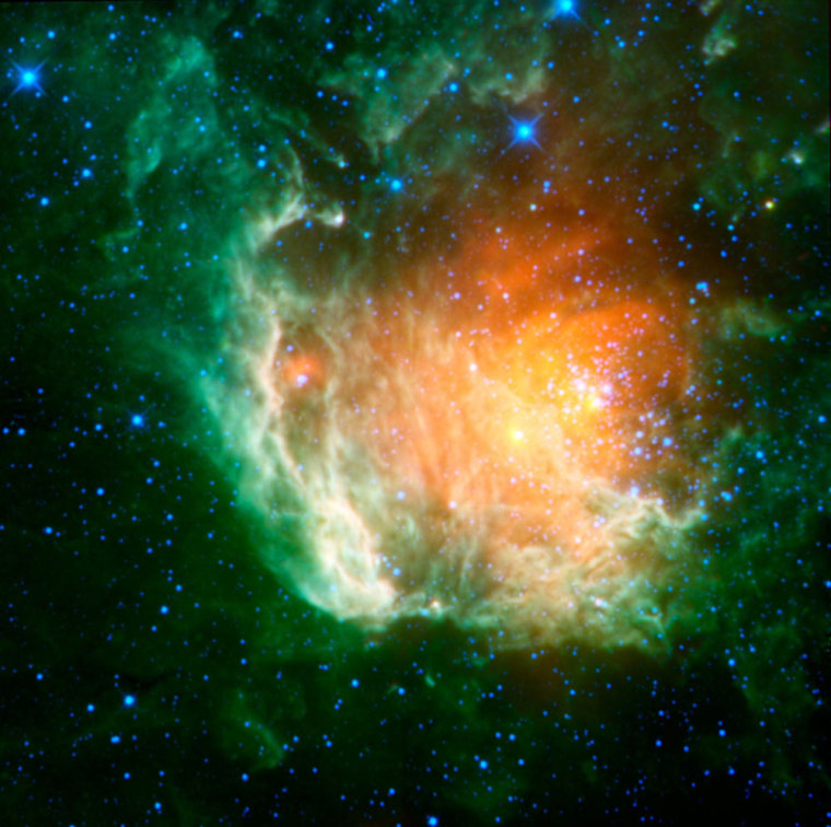 This infrared image from NASA's WISE space telescope shows a cosmic rosebud blossoming with new stars, including the Berkeley 59 cluster and a supernova remnant.
