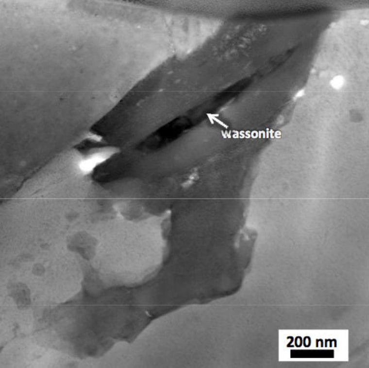 This scanning transmission electron microscope image shows the Wassonite grain in dark contrast. It was found in a meteorite in Antarctica in 1969 and just divulged the secret new mineral. 