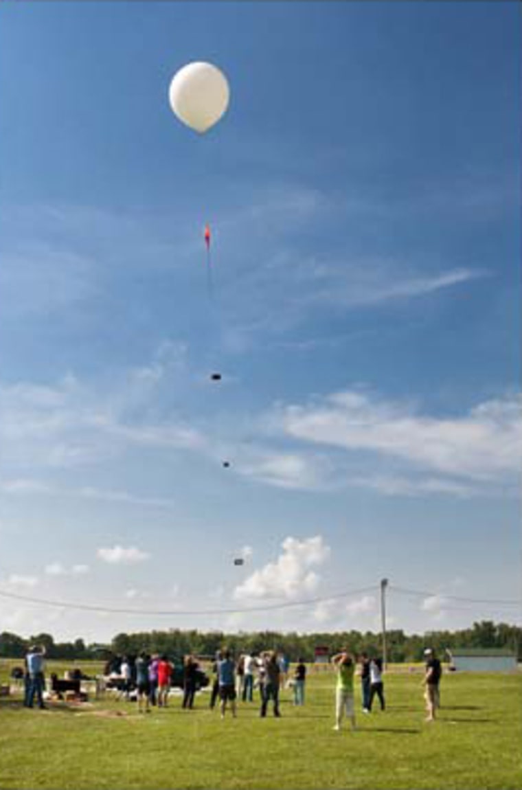 A NASA balloon carries student-designed experiments during the first Balloonsat High-Altitude Flight competition in 2010.