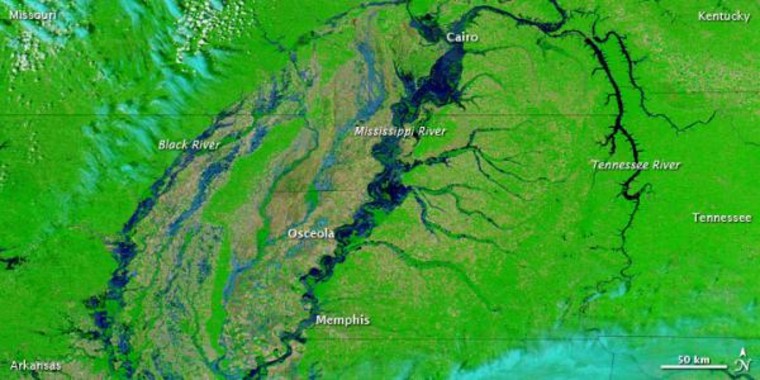 This image, acquired on May 5, 2011, shows the substantially swollen Mississippi River, from north of Cairo to south of Memphis. 