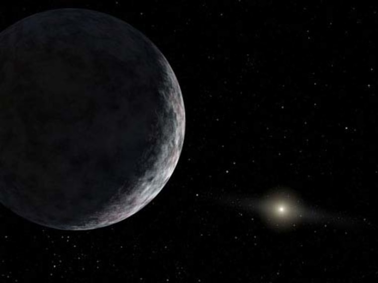 This artist rendering shows the dwarf planet, Eris, with the sun in the background. The discovery of Eris by Mike Brown of Caltech was announced on July 29, 2005. Credit: NASA/JPL/Caltech