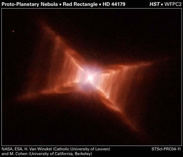 The Red Rectangle nebula is 2,300 light years from Earth in the constellation Monoceros. What appears to be the central star is actually a pair of closely orbiting stars. Particle outflow from the stars interacts with a surrounding disk of dust, possibly accounting for the X shape. This image spans approximately a third of a light-year. Credit: Van Winckel, M. Cohen, H. Bond, T. Gull, ESA, NASA