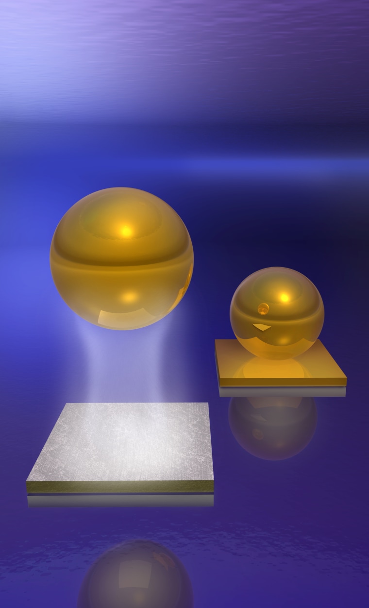 This illustration shows how the repulsive Casimir-Lifshitz force between suitable materials in a fluid can be used to levitate an object that is denser than the liquid. The figure is not shown to scale.