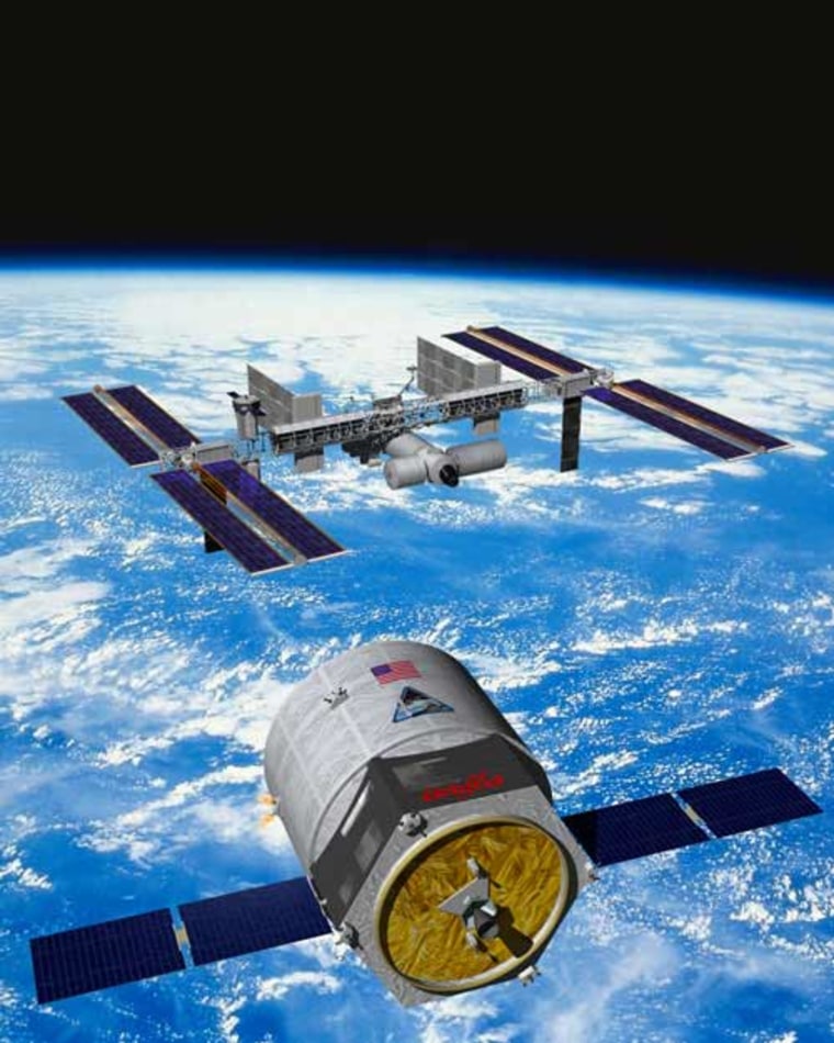 Artist rendering of Orbital Science's Cygnus cargo spacecraft approaching the International Space Station. 
