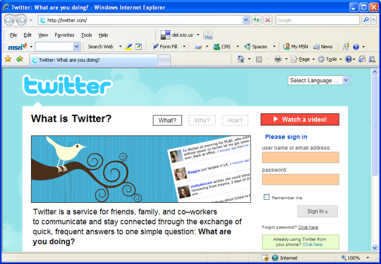 The premise of Twitter.com is simple: Answer the question "What are you doing?" in 140 characters or less.