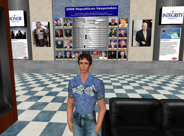 Gordon Olivant's avatar, Wyatt Forster, leads the McCain campaign in the virtual world of Second Life, where pixelated avatars interact with each other. 