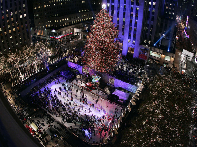 The Rockefeller Center Christmas tree stands in Rockefeller Center in New York.